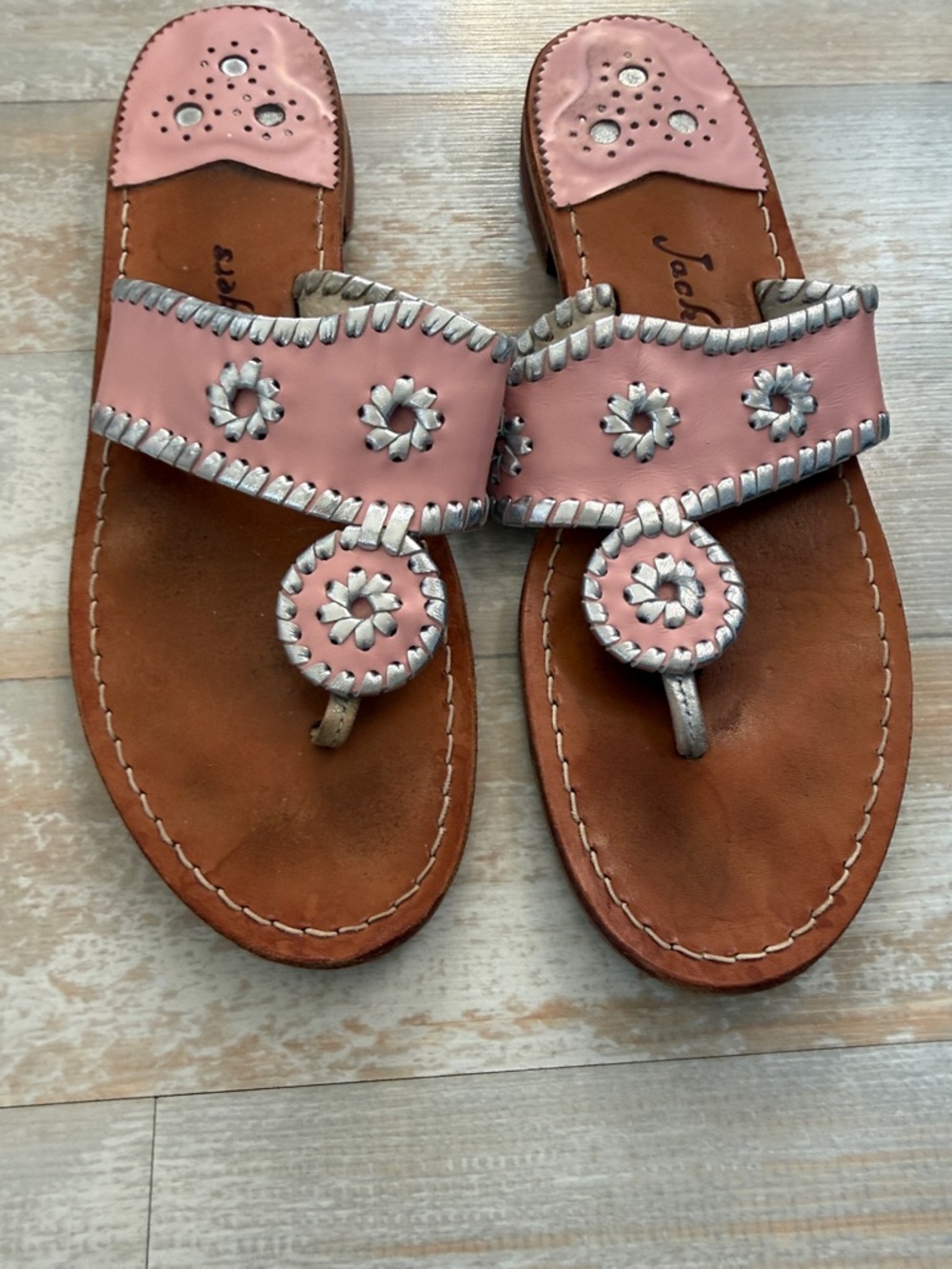 Jack Rogers Pink Leather Sandal with Silver Whipstitch Accents. Size 10.